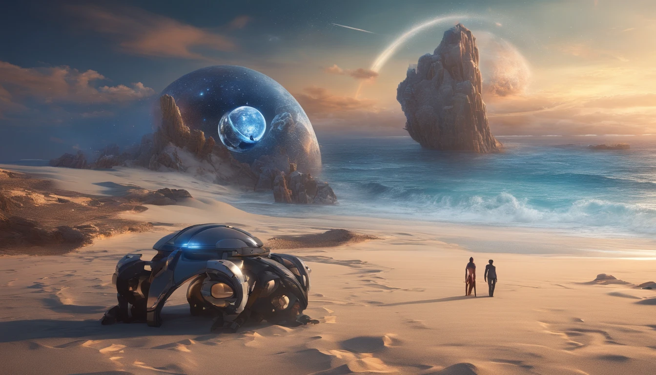 huge planet, the night, starrysky, surrealism, masutepiece, hight resolution、Impressive Milky Way:1.9、sand beach、Vast blue ocean、Blue glacier、lightning bolt:1.9、Protoplanets、A search robot stands in the back、