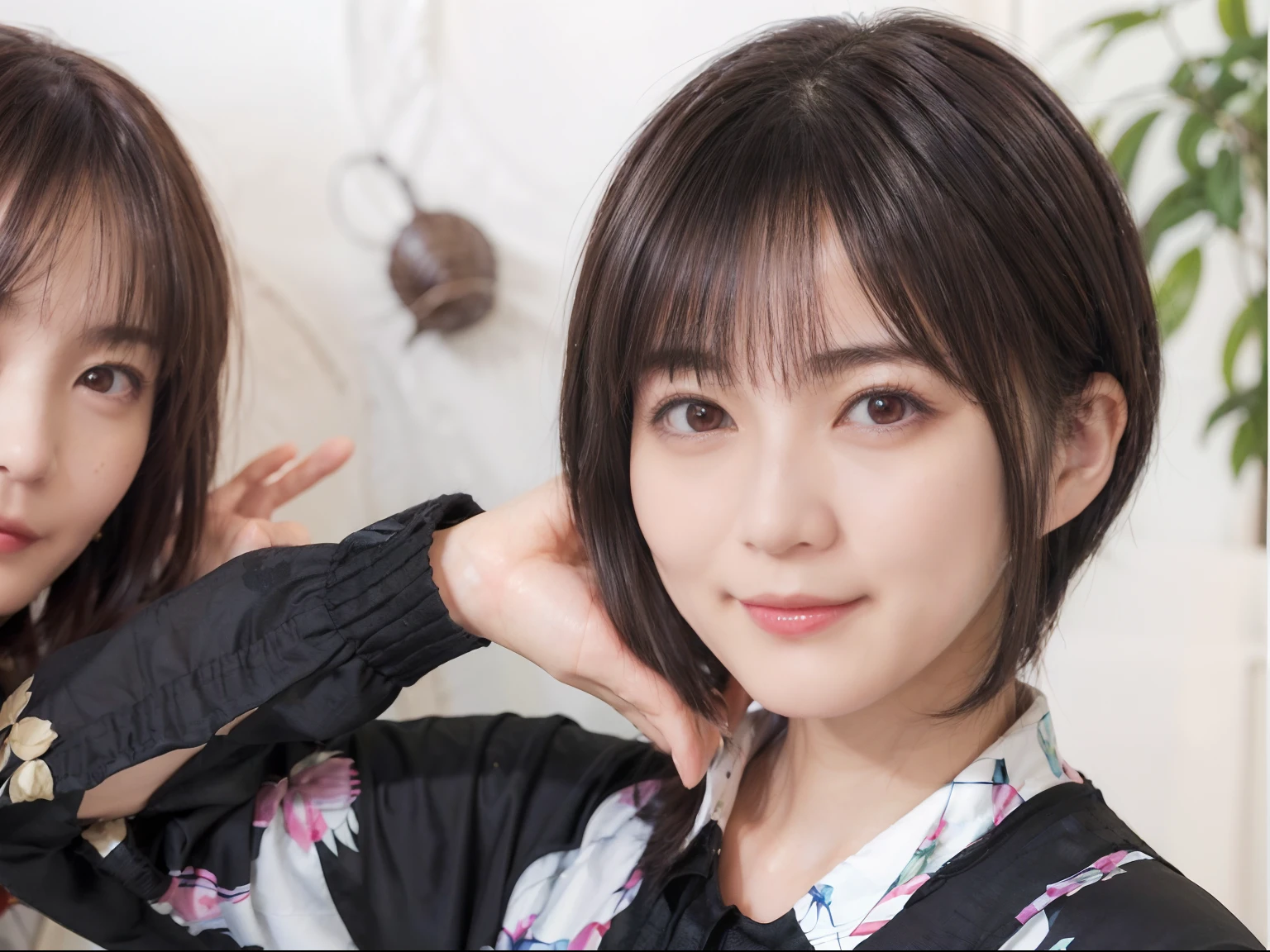 58
(a 20 yo woman), (A hyper-realistic), (masutepiece), ((A dark-haired、short-hair:1.3)), (Breast), kindly smile, (Clothes printed with anime characters)