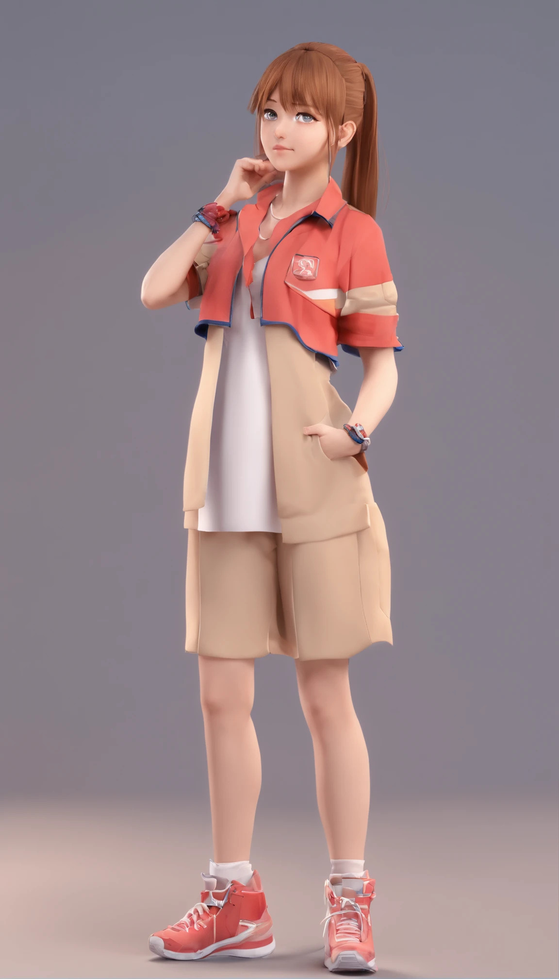 teenager Young anime girl looking at the camera, she is so far away from the camera screen, make it realistic