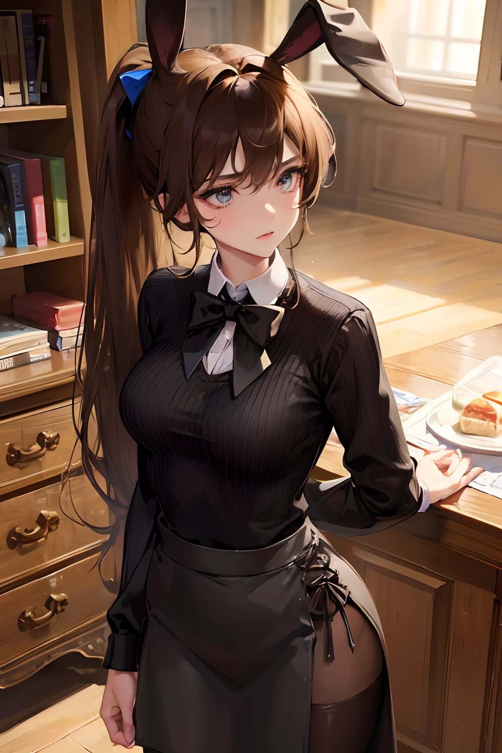 Woman with rabbit ears，brown  hair，black pantyhoses，blue color eyes，Black shirt，long  skirt，ribbed sweater，Long ponytail，neck bowtie，hide,Look up，Bigchest，Be red in the face