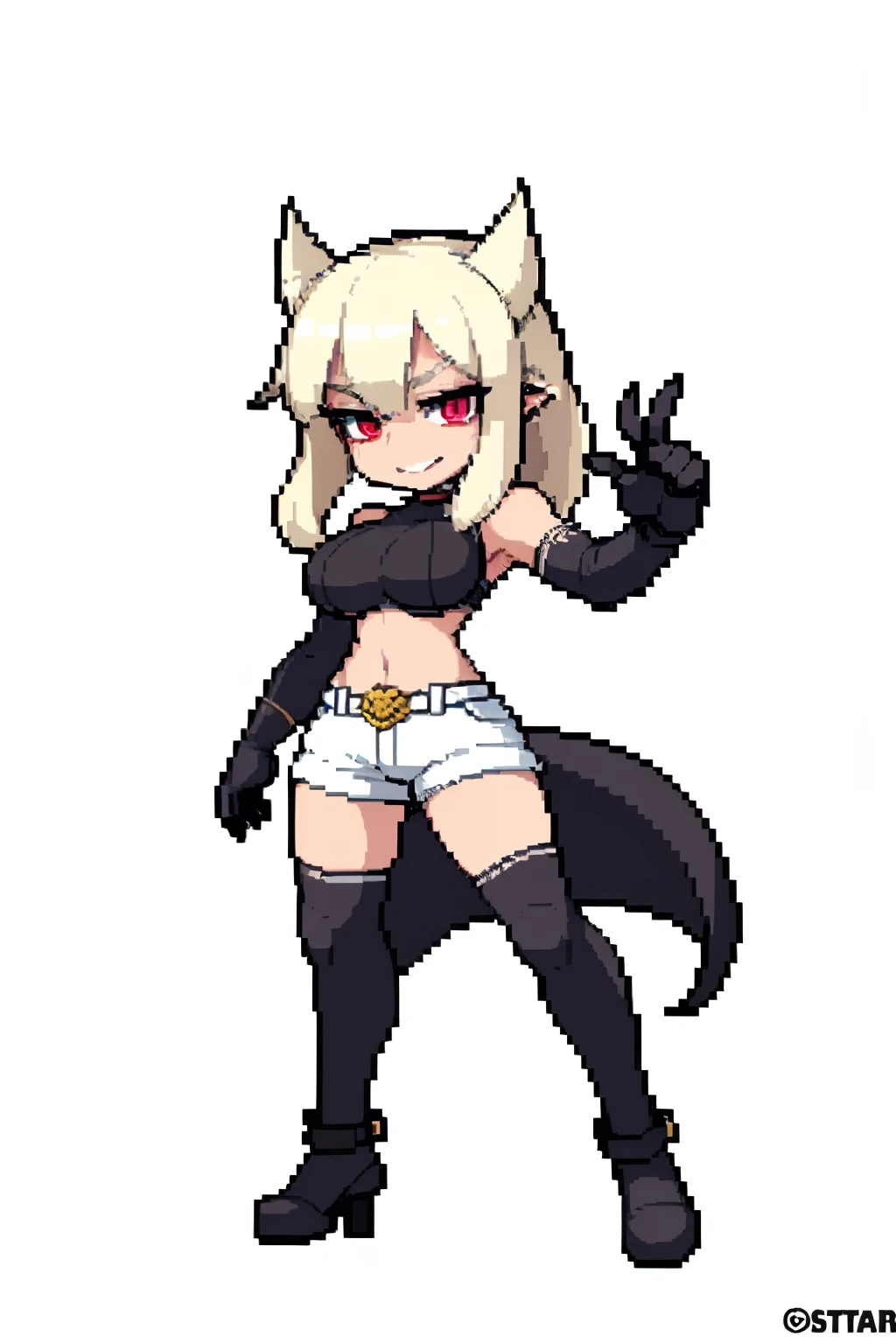(masterpiece, top quality, best quality, less detail, 8-bit color, soft color), pixel,pixel art,1girl,fullbody,ready to fight,attack pose,a woman in a cat suit posing,dark grey wolf o'donnell, durararara, indian girl with brown skin, humanized, cgosciety, thick mist, smirking deviously, aliased, 2 d cg, white coat, white denim shorts pant,long white hair and horns, queen of hell, infernal nymph!!!, giesha demon, dark phantasy, very sexy devil outfit, white horns queen demon, holy cyborg necromancer girl, dark witch character, ruler of inferno, dark demonic dancer, horns and red eyes, with black horns instead of ears