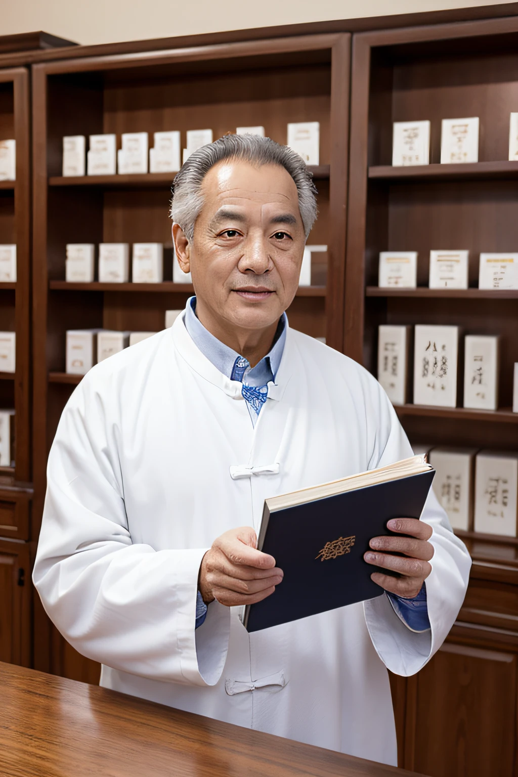 Chinese image,Real frontal photos,Authentic background,Pharmacy background,holding books,Manteau blanc,Face full of wrinkles,TCM image,Wise eyes,male people
