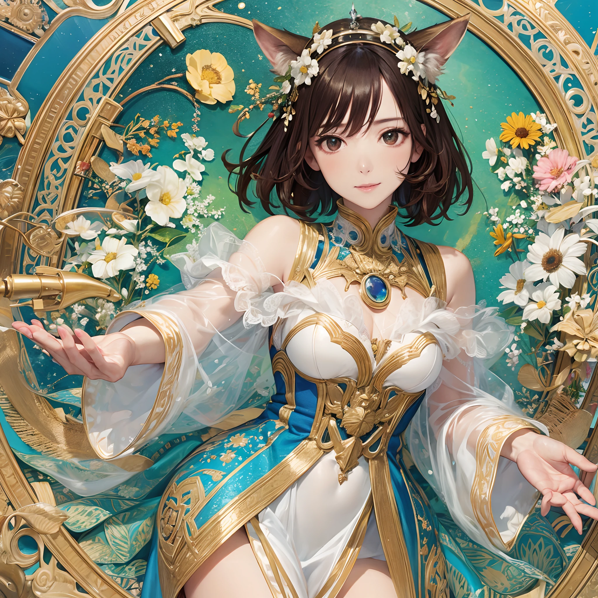 masterpiece、top-quality、hight resolution、High-quality images、8K、the detail、1lady、Photorealsitic、skin gloss、Texture、Lustrous hair、Detailed eye depiction、Light brown short hair、poneyTail、portlate、Long body、sensually、Thicker thighs、a miniskirt、First love、Starry Meadow、by mucha