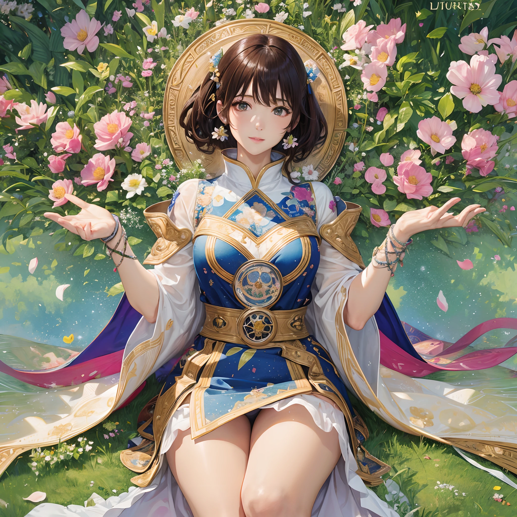 ​masterpiece、top-quality、hight resolution、High-quality images、8K、the detail、1lady、Photorealsitic、skin gloss、Texture、Lustrous hair、Detailed eye depiction、Light brown short hair、poneyTail、portlate、Long body、sensually、Thicker thighs、a miniskirt、First love、Starry Meadow、by mucha