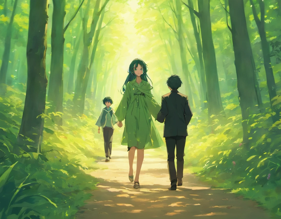 Asian couple strolling along a forest trail during spring, olhos detalhados, rosto proporcional