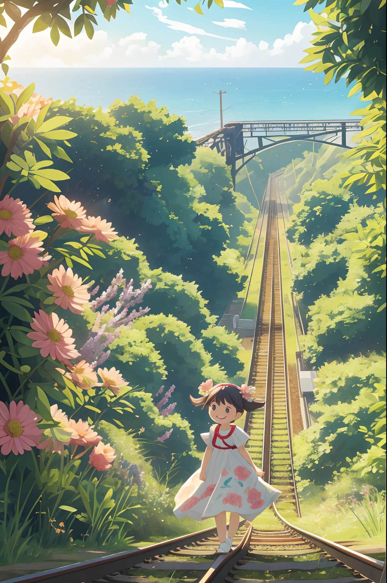 bustup、morning、Girl walking on a path parallel to the railroad tracks、Raising the right hand、Vigorous、You can see the sea in the background, I see the train、( hair adornments、Floral hair ornament)、 masutepiece, Anatomically correct、A smile, radiant light