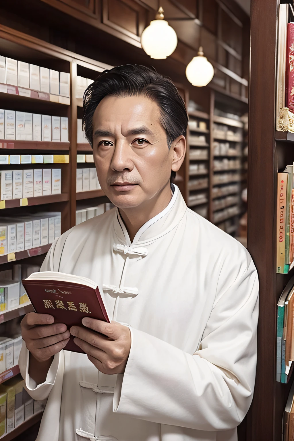 Chinese image,Real frontal photos,Authentic background,Pharmacy background,holding books,Manteau blanc,Face full of wrinkles,TCM image,Wise eyes,male people