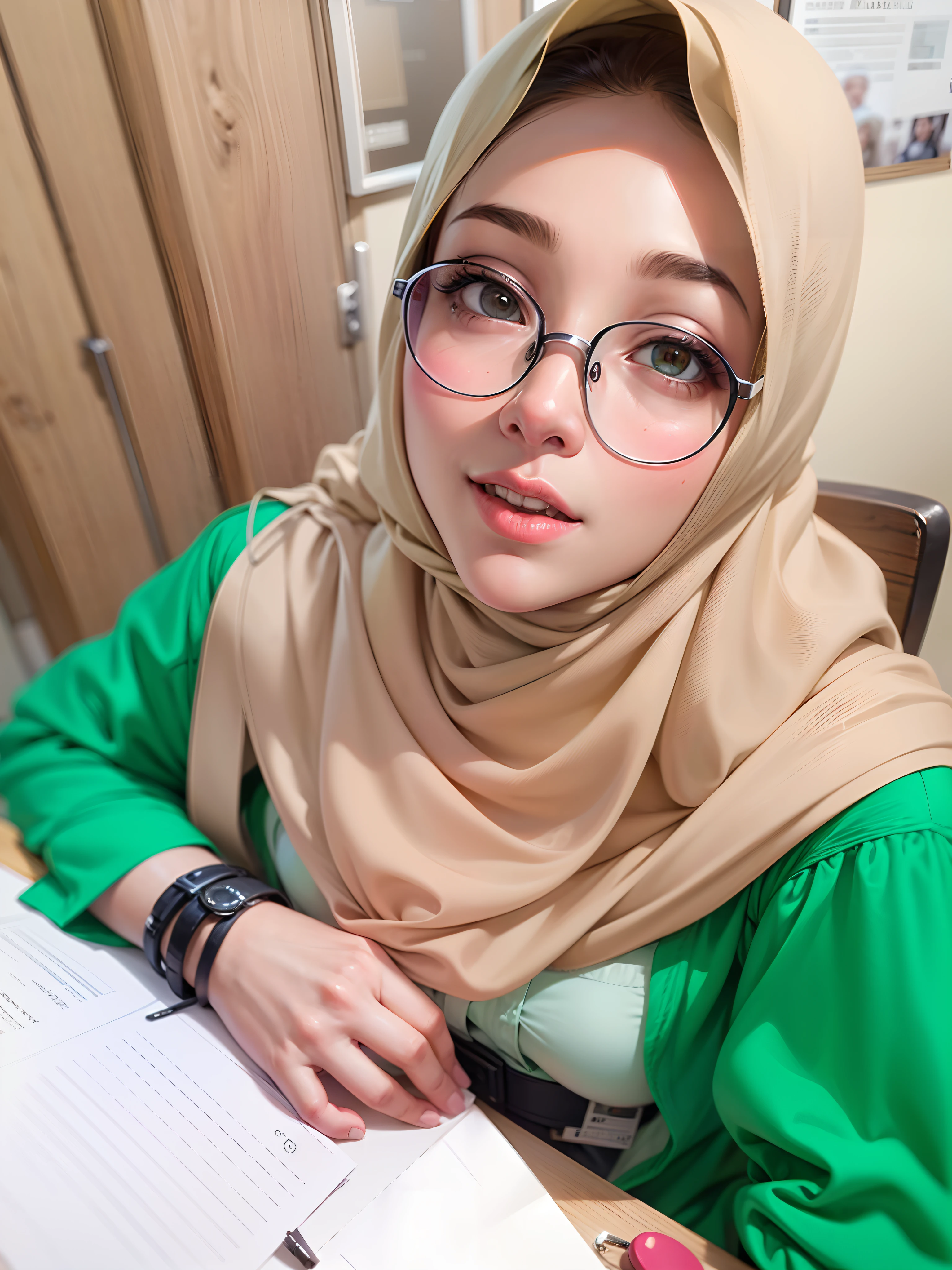 muslim woman in glasses and a green shirt sitting at a table, faridah malik, with accurate face, with glasses, student, potrait, close up potrait, protrait, in office, taken with sony alpha 9, inspired by JoWOnder, semi realism, 😃😀😄☺🙃😉😗, shot on nikon z9, with kind face