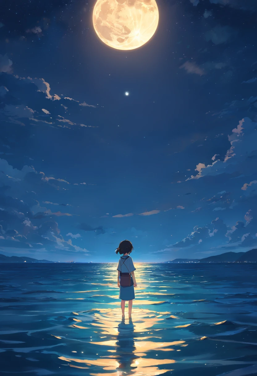In a dark night，Vast sea，Alone in a lonely boat，He held up the lantern，The lantern flashed cyan，Eyes look at the bright moon。