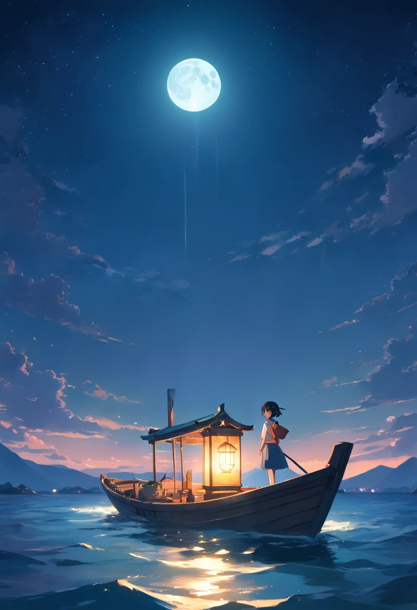 In a dark night,Vast sea,Alone in a lonely boat,He held up the lantern,The lantern flashed cyan,Eyes look at the bright moon。