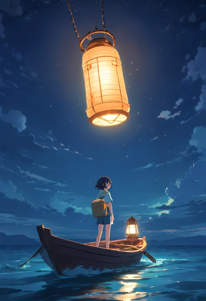 In a dark night，Vast sea，Alone in a lonely boat，He held up the lantern，The lantern flashed cyan，Eyes look at the bright moon。