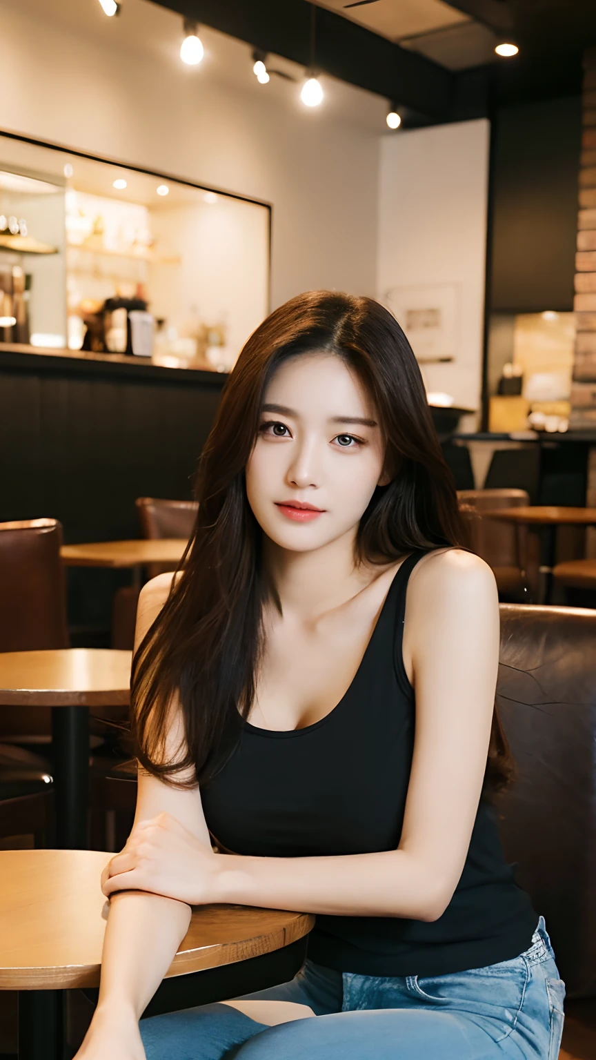 (Realistic, High resolution:1.2), 1 girl, super fine face and eyes, long hair, tight black tank top with black jacket, short jeans, sitting on coffee chair, in café, coffee on table, big breasts