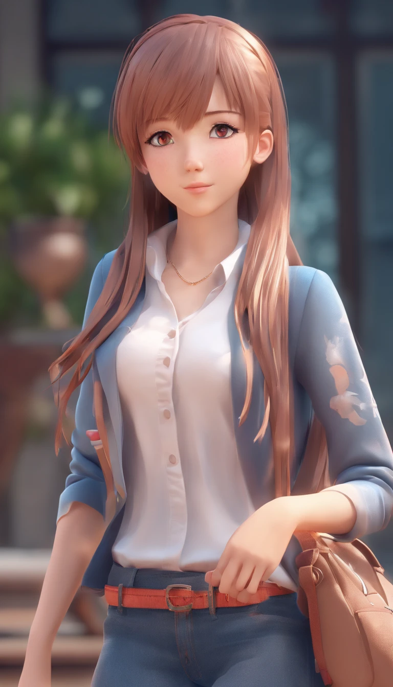 teenager Young anime girl looking at the camera, she is so far away from the camera screen, make it realistic