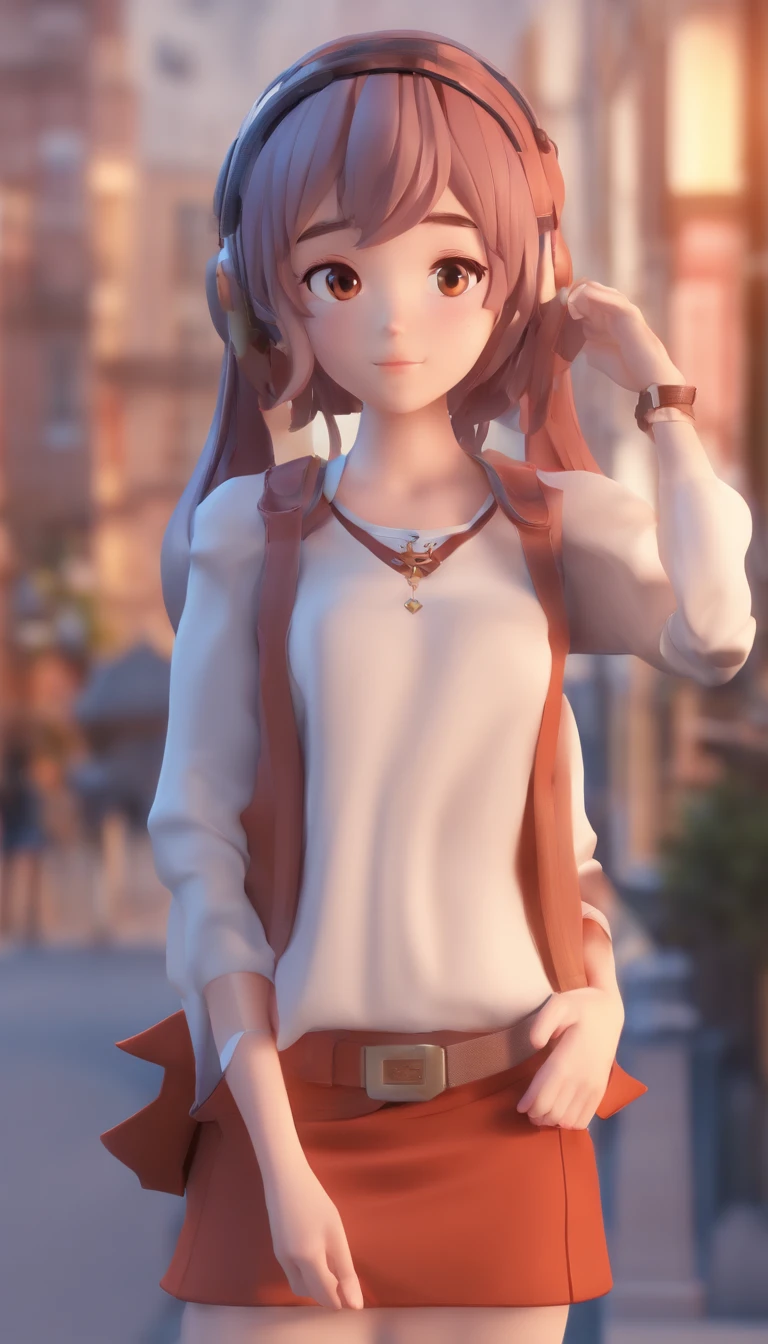 teenager Young anime girl looking at the camera, she is so far away from the camera screen, make it realistic