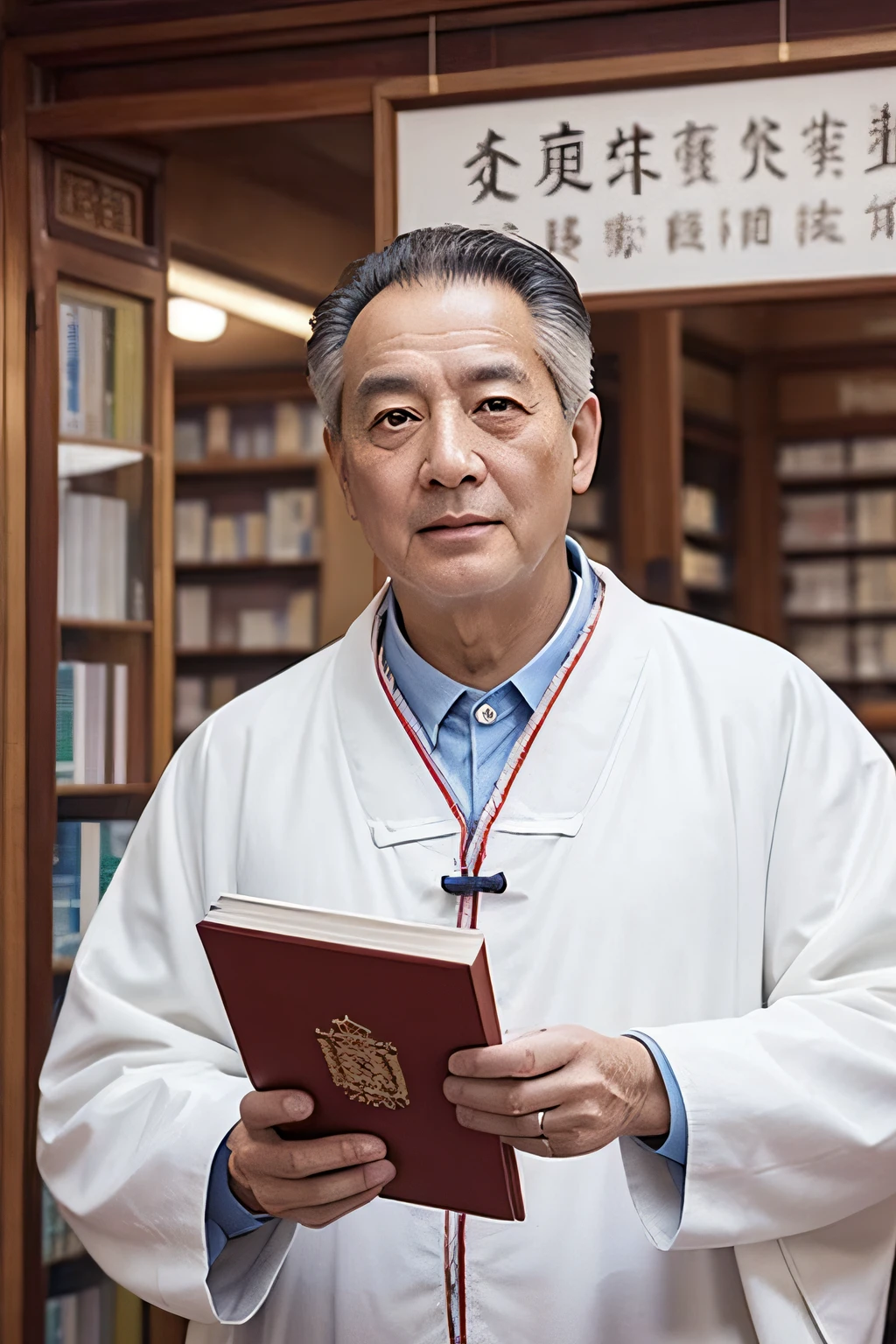Chinese image,Real frontal photos,Authentic background,Pharmacy background,holding books,Manteau blanc,Face full of wrinkles,TCM image,Wise eyes,male people