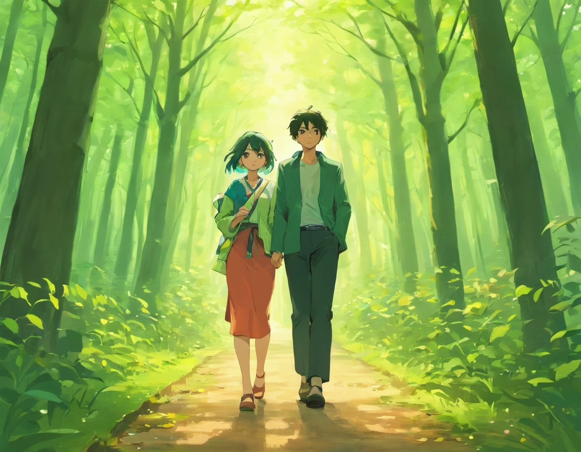 Asian couple strolling along a forest trail during spring, olhos detalhados e proporcional, ambos andando lado a lado