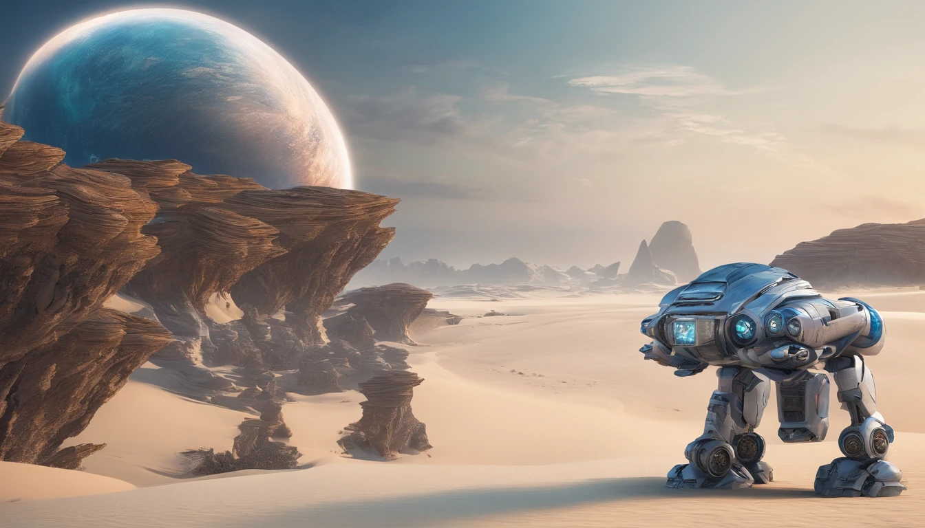 huge planet, the night, starrysky, surrealism, masutepiece, hight resolution、Impressive Milky Way:1.9、sand beach、Vast blue ocean、Blue glacier、lightning bolt:1.9、Protoplanets、Search robot standing behind、
