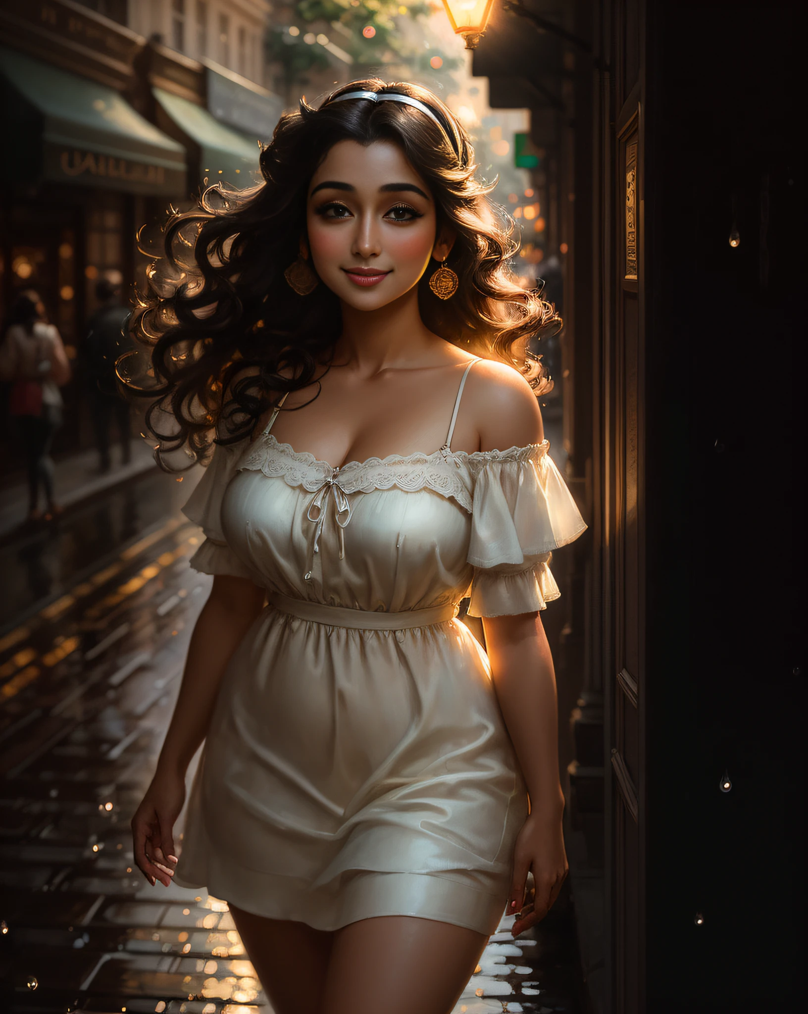 (masterpiece portrait photography:1.4) of a (solo:1.3) ravishing adorable curvy chubby girl Sonali Bendre, walking on a picturesque rainy small town street, wearing cute off-shouldermini dress, reflections on street, glistening skin, cute cleavage, (perfect wavy backlit hair), hairband, vivacious, happy, (captivating kohl lined eyes:1.3) , (happy smile:1.3) flower bushes, fruit shops, soft dramatic lighting, depth of field, backlit, light rays, highly detailed, trending on artstation, paint splashes, rich colour, adorable portrait, by Ron hicks