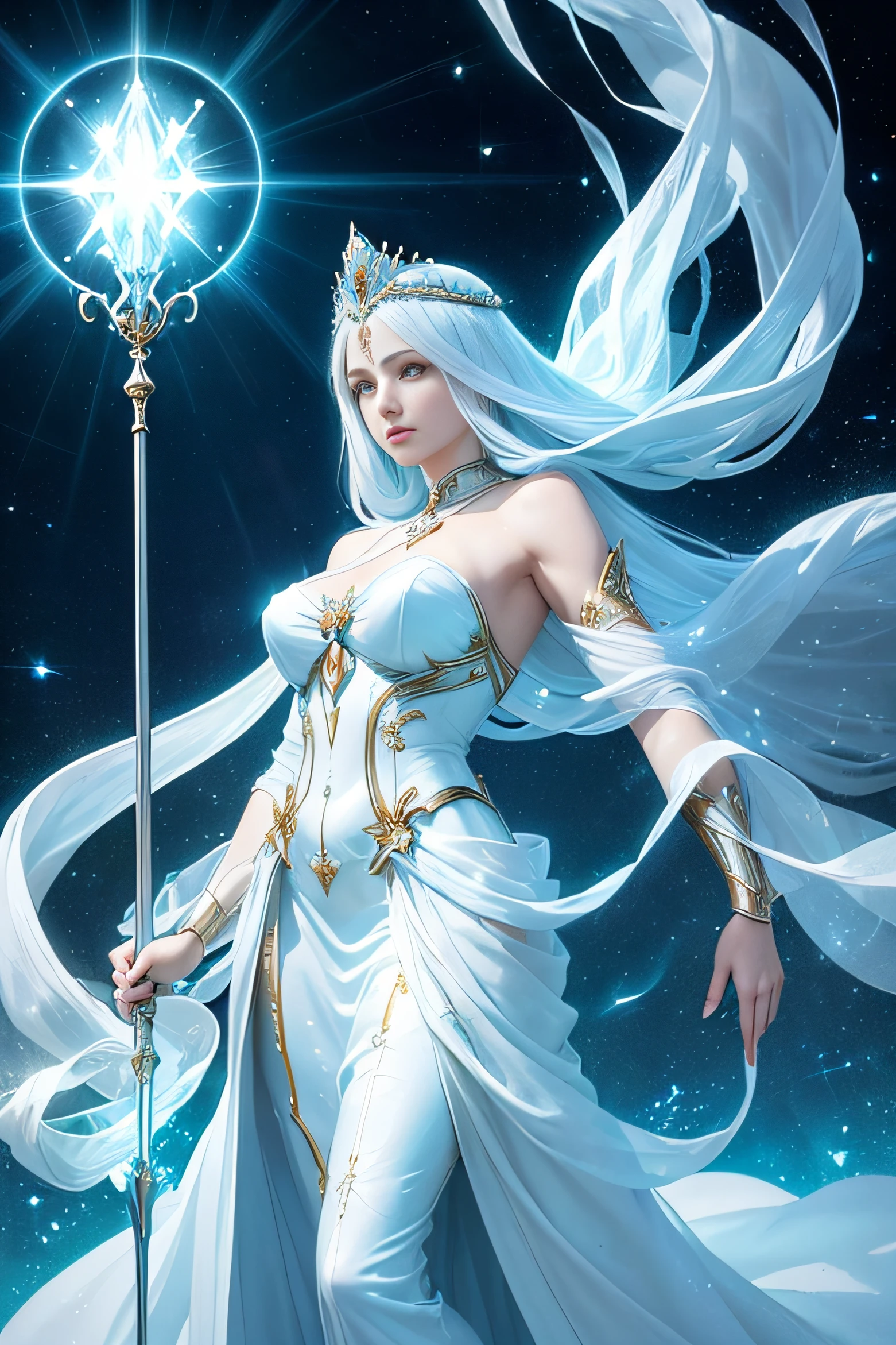 "(Masterpiece, Top Quality, Best, Official Art, Beautiful and Aesthetic, Intense Natural Luminescence: 1.2), Regal Presence, Commanding Aura, 1 Woman, (White Silk Gown Harmoniously Paired with Delicate Light Blue Metallic Armor: 1.3), (((Elegant White Silk Outfit with Fine Light Blue Metal Details))), Full-length Portrait, Wearing a Light Blue Metallic Crown, Right Hand Holding a Light Scepter, Left Hand Elevating a Luminous Orb, (crystallineAI, Light Dominion Theme:1.1), Empress of Light, Pinnacle of Authority, Flowing Lustrous Silk Fabric, Radiating Overpowering Empyrean Energy, Self-illuminating Profoundly, Authoritative Stance, Resplendent Atmosphere,"