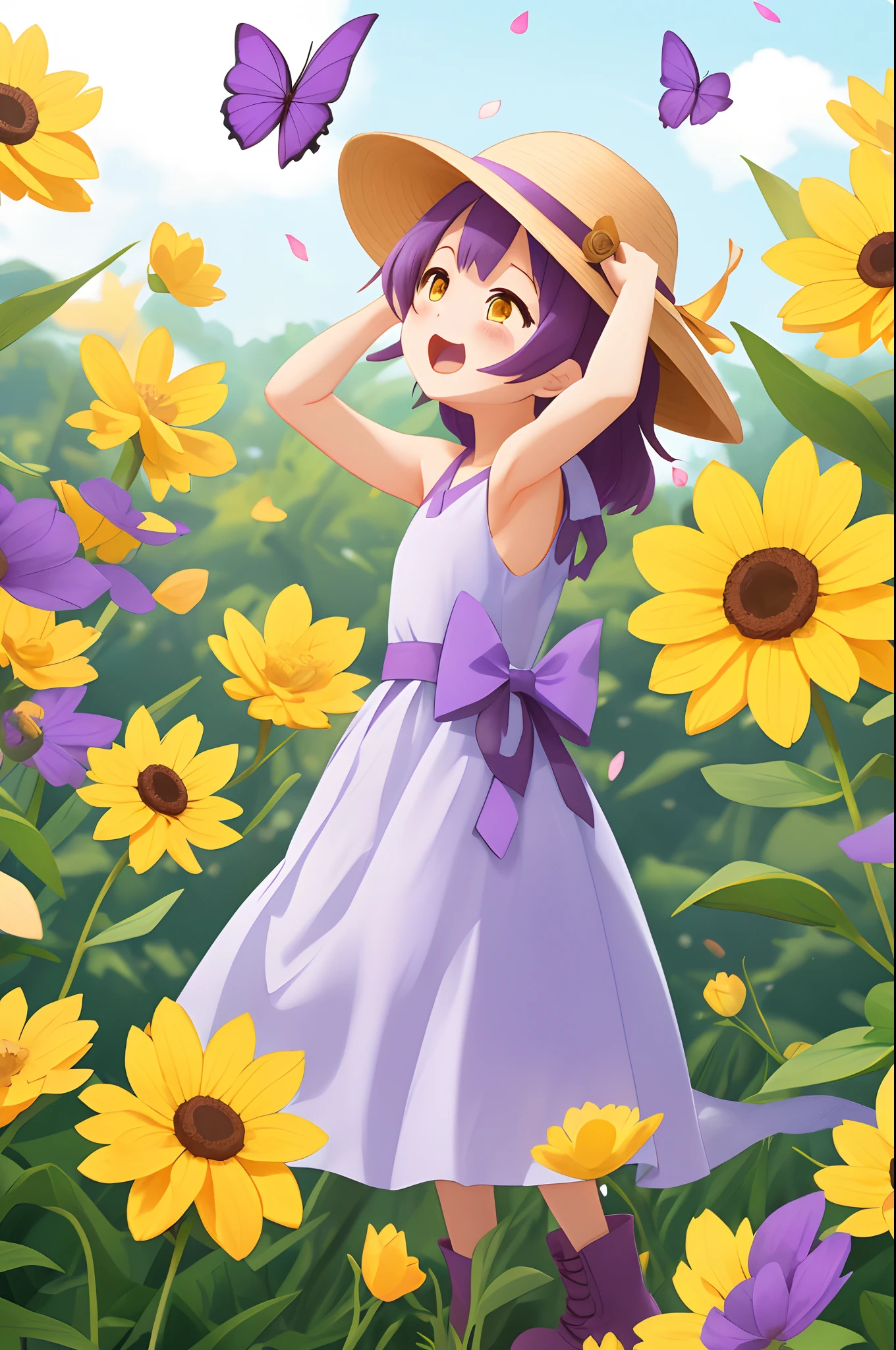 ***1人、blue ribbons、鎖骨、florals、Hats、Windy, That's why I'm wearing a hat、Yawning face、Longer dress、length hair、purple color  hair、bow ribbon、Sleeveless、a straw fedora hat、Eye Up、yellow  eyes、yellow flower、There is a flower in the foreground、Petals are fluttering、butterflys々is flying、kawaii pose、I'm wearing cute boots