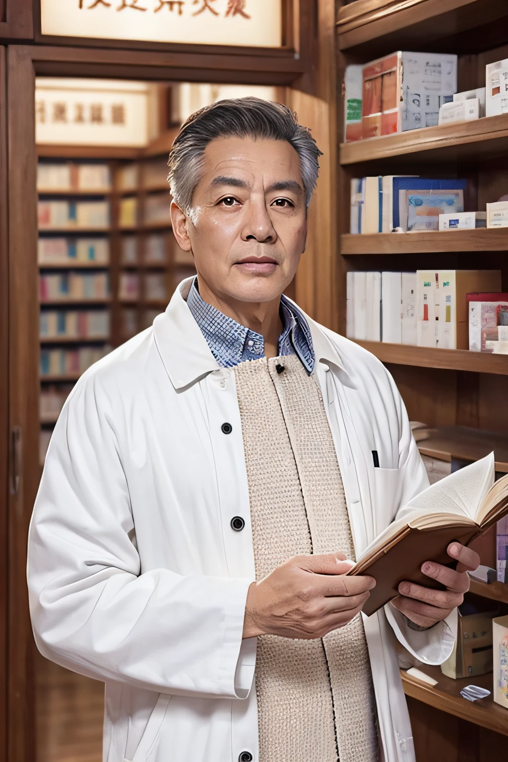Chinese image,Real frontal photos,Authentic background,Pharmacy background,holding books,Manteau blanc,Face full of wrinkles,TCM image,Wise eyes,male people