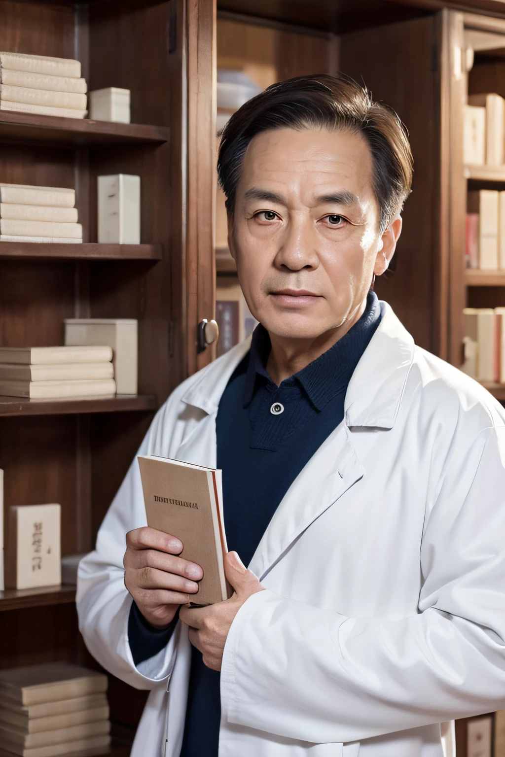 Chinese image,Real frontal photos,Authentic background,Pharmacy background,holding books,Manteau blanc,Face full of wrinkles,TCM image,Wise eyes,male people