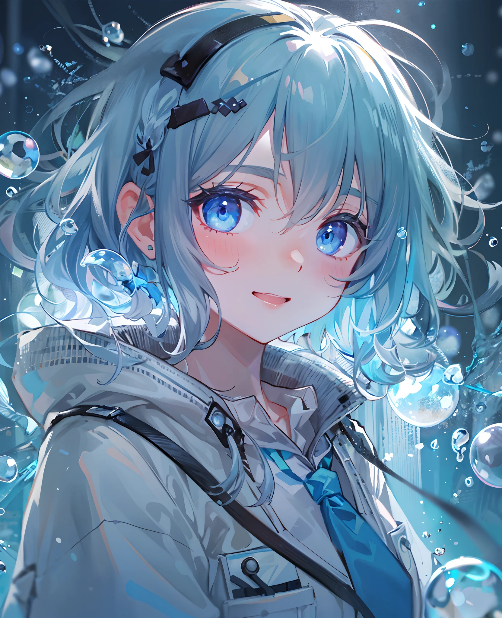 ((top-quality)), ((masterpiece)), ((ultra-detailliert)), (Extremely delicate and beautiful), girl with, 独奏, cold attitude,((Black jacket)),She is very(relax)with the(Settled down)Looks,A dark-haired, depth of fields,Evil smile,Bubble, under the water, Air bubble,bright light blue eyes,inner color with bright gray hair and light blue tips,,,,,,,,,,,,,,Cold background,Bob Hair - Linear Art, shortpants、knee high socks、White uniform like school uniform、Light blue ribbon ties、Clothes are sheer、Hands in pockets、Bright eyes like sapphire,Fronllesse Blue, A small blue light was floating、Upper Eyes、glass shards、Snowflake Hair Ornament
