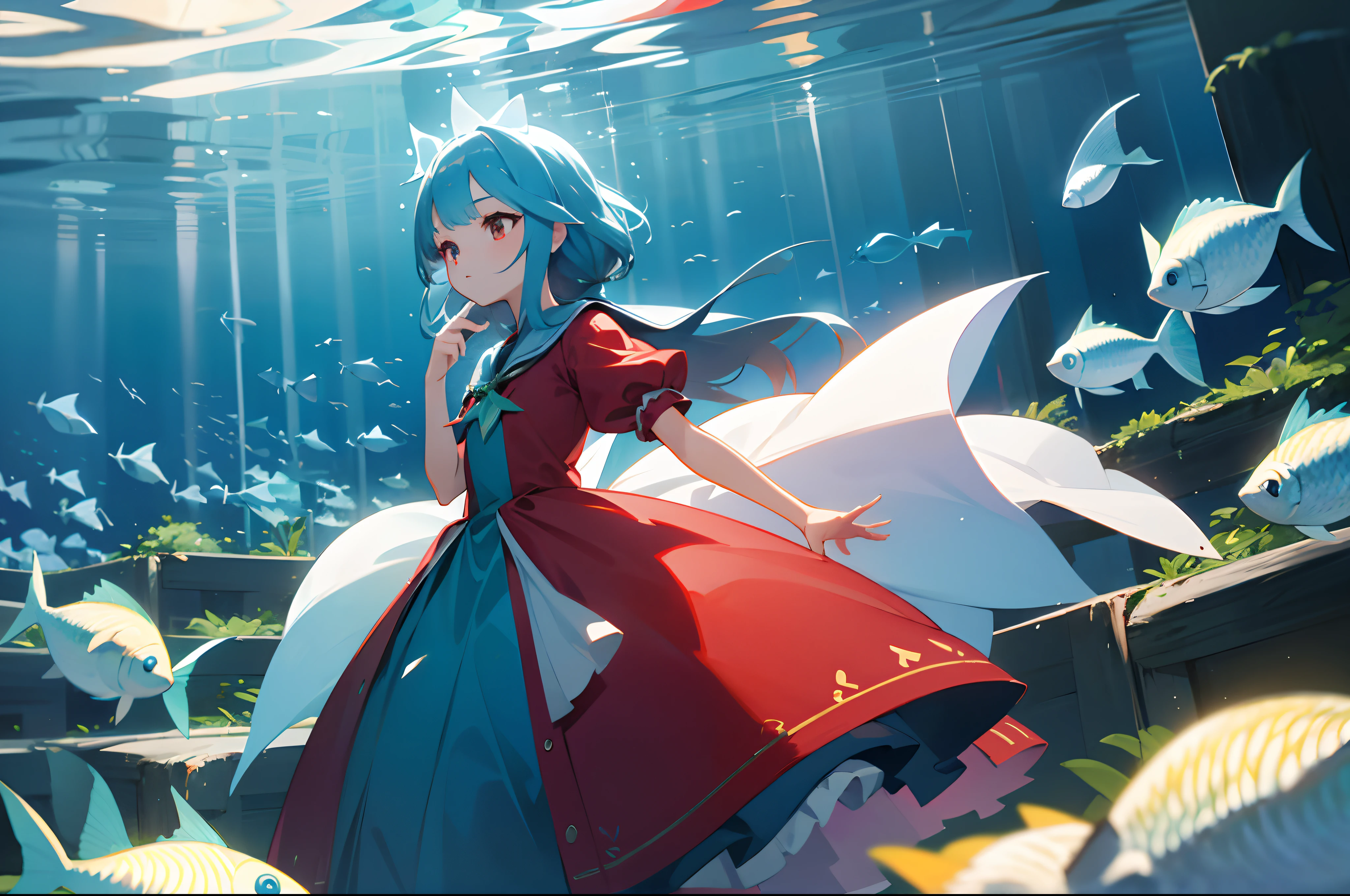 nigth,On the sea,red color eyes,s girl,Princess dress,Small blue fish mysterious in the air,A fresh breeze comes,green leaf,rays of sunshine