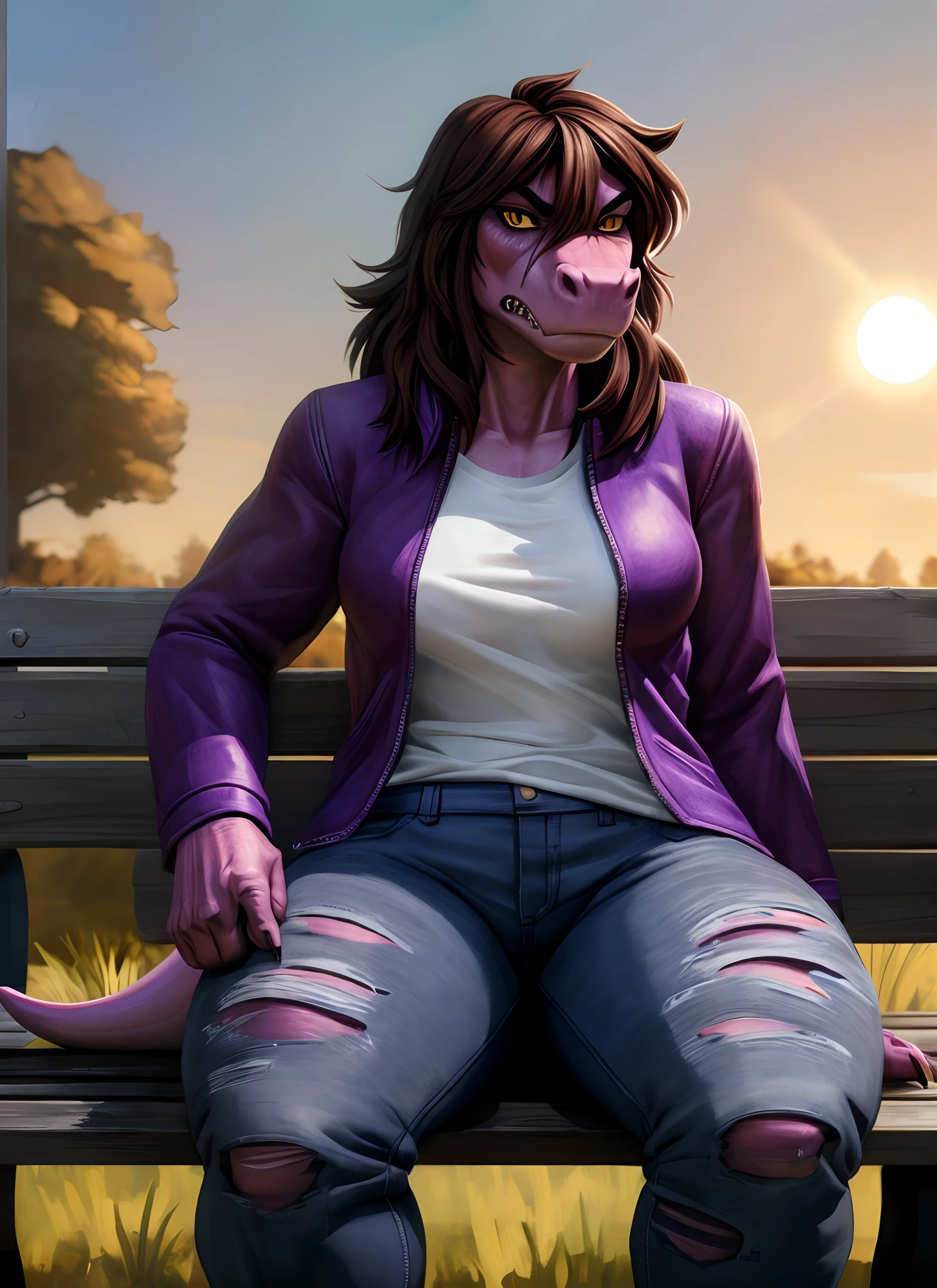 [susie], [Deltarune], [Uploaded to e621.net; (Pixelsketcher), (wamudraws), (woolrool)], ((masterpiece)), ((HD)), ((high quality)), ((solo portrait)), ((front view)), ((scalie; anthro)), ((detailed fur)), ((detailed shading)), ((beautiful render art)), ((intricate details)), {anthro dinosaur; (athletic figure), purple scales, (reptile snout), cute yellow eyes, (black pupils), (bags under eyes), (short eyelashes), (long messy brown hair), long lizard tail, (medium boobs), (gorgeous hips), (muscular legs), (angry), (frown)}, {(purple jacket), (torn white tee shirt), (ripped black skinny jeans), (black boots)}, {(sitting on bench), (legs spread), (looking at viewer)}, [background; (park), (grass), (sunset), (sun rays), (ambient lighting)]