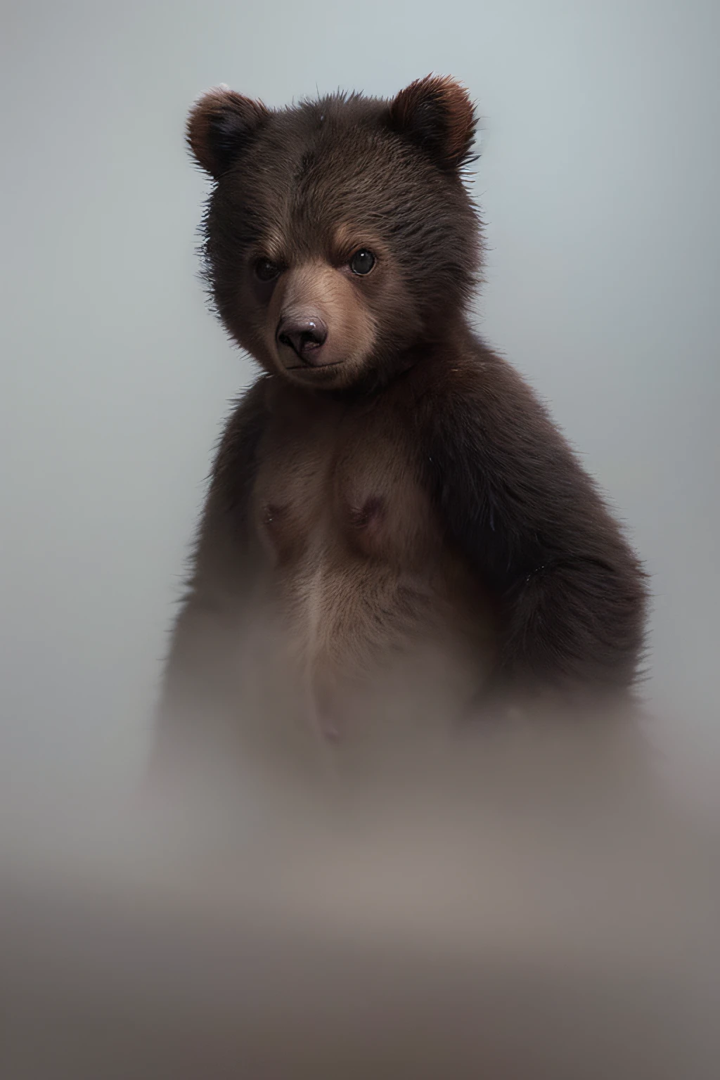 (1baby bear in the fog:1.5), Mist in the Woods, clear stream, (poor visibility due to thick fog:1.5), (Masterpiece), (Best Quality), (Ultra high Detailes), (Photorealistic)