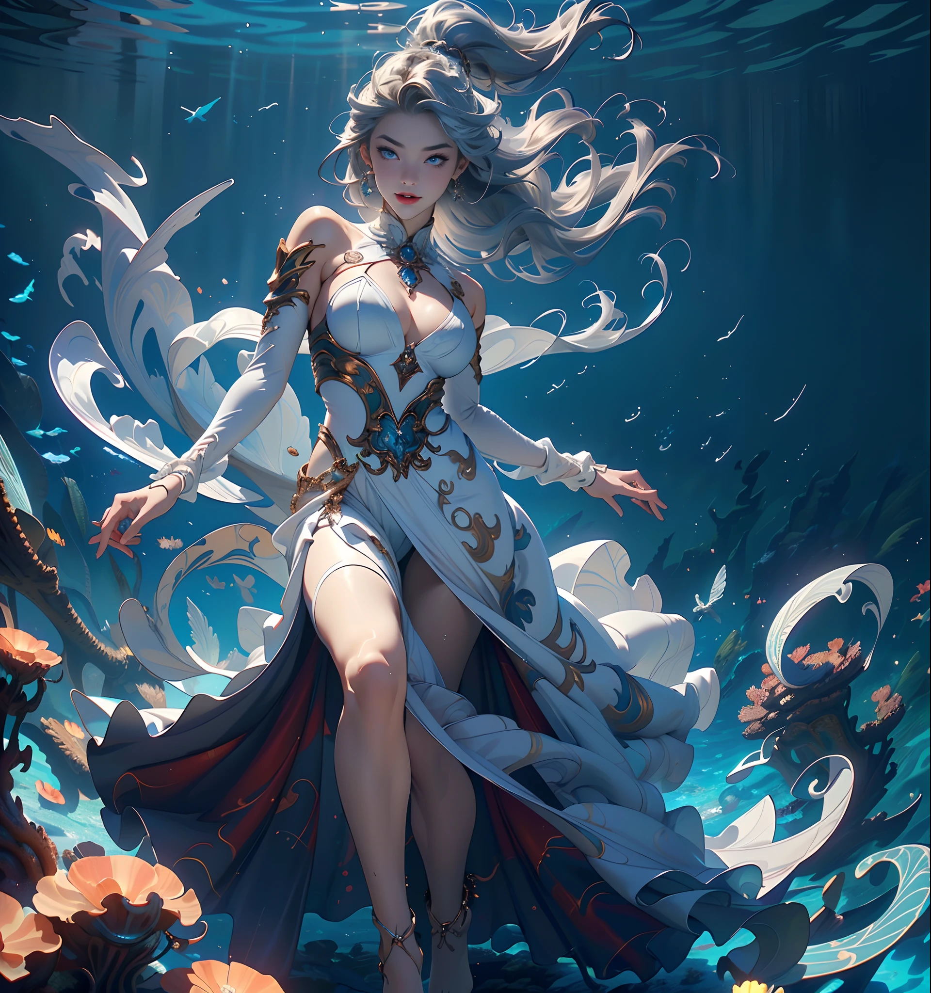 Underwater world Atlantis,abyssal,Epic reality,Mottled sunlight,cold shades,(hdr: 1.4),1girll,ar old,Silver hair,A heartwarming smile,Cute big breasts,Thick lips,Elongated eyes,Charming eyes,purple eyeshadow,mature,Raised sexy,happy laughing,Open-mouthed,lie on one's side,((swimmning)),Floating,bodies relaxed,revealing breasts,Bare genitalia, Bulge,Camel toes,Desire for dissatisfaction,(Correct face 1.4)(Wearing:Red slip maxi dress,Soaked skirt,Metal-trimmed skirt,Flowing skirt),expose arms,(Background with:Ruins of Atlantis,Green aquatic plants,colorful jellyfish,colorful coral,)Fantastic and incredible,Epic composition,(Complicated details),(Complicated details,Hyper-detailing:1.2),art stations,(tmasterpiece,best qualtiy)surrealism, shadowing, anaglyph, stereograms, angle of view, Atmospheric perspective, Color field painting, art-deco, conceptual art, Chiaroscuro, Cinematic lighting, Lens flare, Sony FE GM, 8K, Super detail, ccurate, Best quality, A high resolution, Award-Awarded, Anatomically correct,(Beneath your feet:Destroyed buildings,White coral)Deep background,(Right eye 1.3),(Correct hand 1.4),Barefoot,without wearing shoes,Deep in the ocean,Sexy gesture,Correct number of arms,(((tmasterpiece),(Very detailed CG unity 8K wallpaper),best qualtiy,cinmatic lighting,detailed back ground,beatiful detailed eyes,Bright pupils,Blue eyes,Snow-whiteskin,Redlip(Very fine and beautiful),(Beautiful and detailed eye description),ultra - detailed,tmasterpiece,))((legs are open:1.4)),Weakens muscles,Not robust,Look down from above,Correct leg structure,The shoulders and sleeves are transparent and flowing light tulle,The right hand,Correct legs