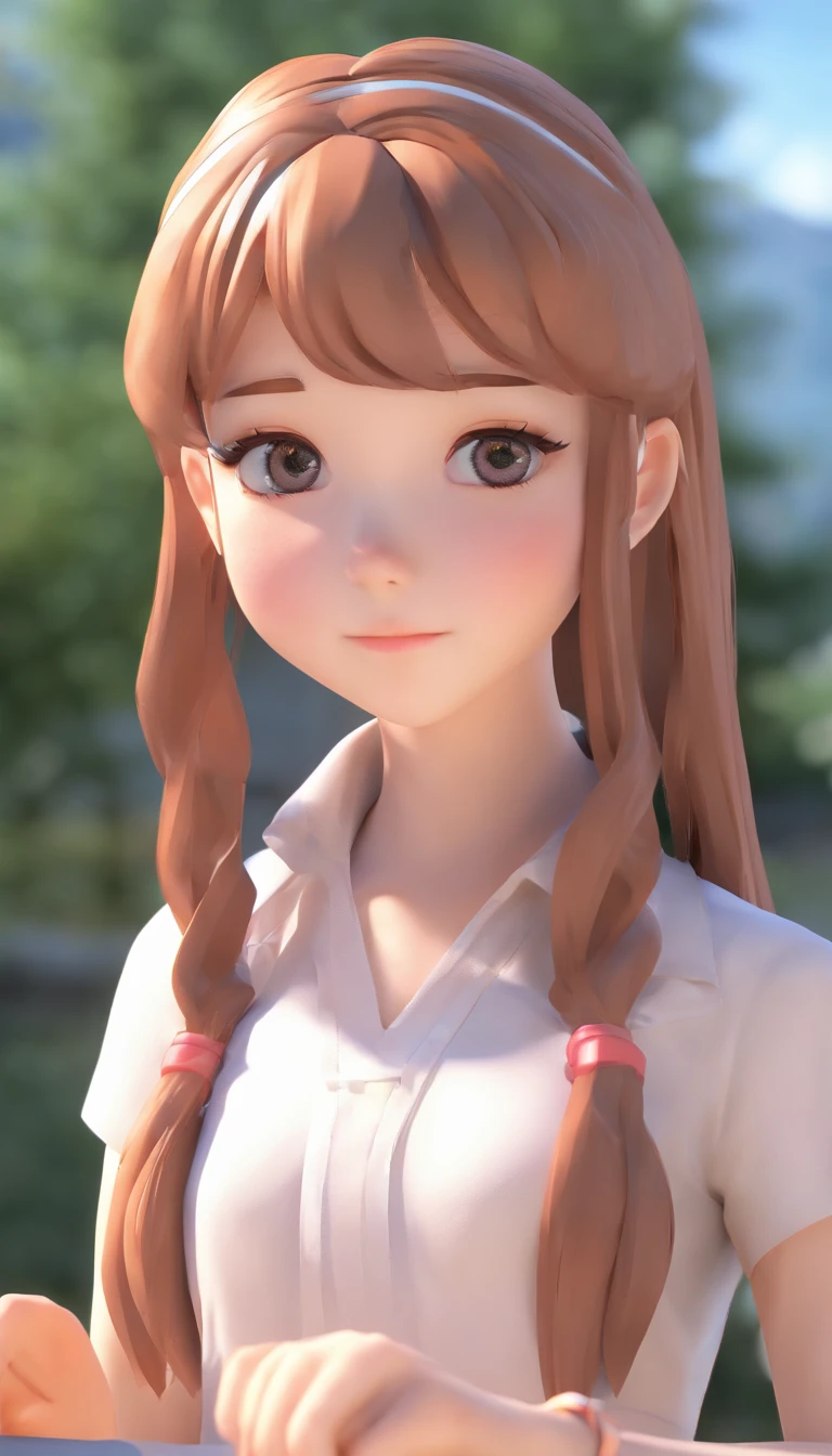 teenager Young anime girl looking at the camera, she is so far away from the camera screen, make it realistic