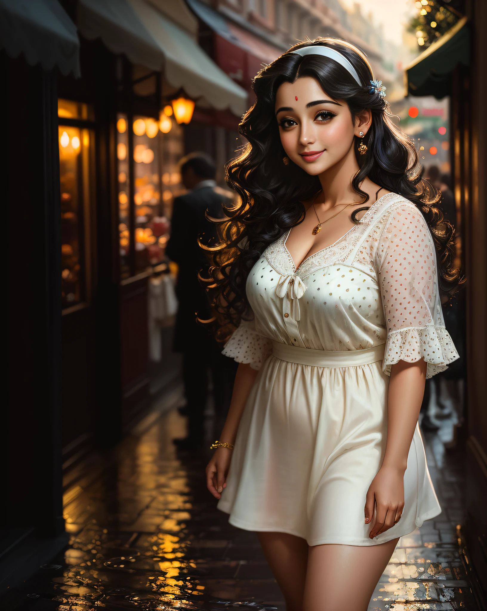 (masterpiece portrait photography:1.4) of a ravishing adorable curvy chubby girl Sonali Bendre, walking on a picturesque rainy small town street, wearing cute polka dot mini dress, reflections on street, glistening skin, cute cleavage, (long curly wavy backlit hair), hairband, vivacious, happy, (captivating kohl lined eyes:1.3) , (happy smile:1.3) flower bushes, fruit shops, soft dramatic lighting, depth of field, backlit, light rays, highly detailed, trending on artstation, paint splashes, rich colour, adorable portrait, by Ron hicks