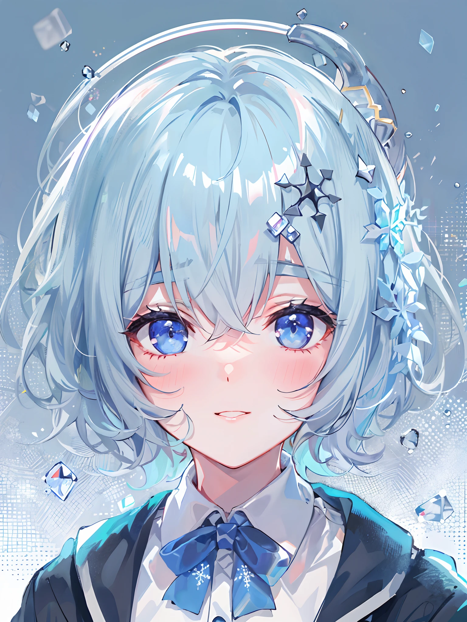 ((top-quality)), ((​masterpiece)), ((ultra-detailliert)), (Extremely delicate and beautiful), girl with, 独奏, cold attitude,((Black jacket)),She is very(relax)with  the(Settled down)Looks,A dark-haired, depth of fields,Evil smile,Bubble, under the water, Air bubble,bright light blue eyes,inner color with bright gray hair and light blue tips,,,,,,,,,,,,,Cold background,Bob Hair - Linear Art, shortpants、knee high socks、White uniform like school uniform、Light blue ribbon ties、Clothes are sheer、Hands in pockets、Bright eyes like sapphire,Fronllesse Blue, A small blue light was floating、Upper Eyes、glass shards、Snowflake Hair Ornament