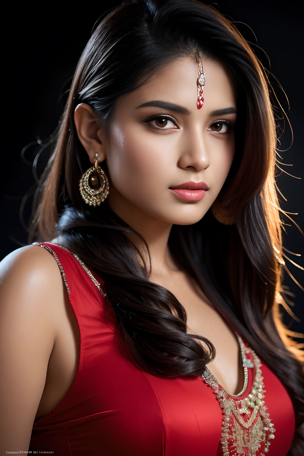 A confident-looking indian with long flowing hair, looking at viewer,hazel eyes, cyber background blue and red light, perfect composition, hyperrealistic, super detailed, 8k, high quality, trending art, trending on artstation, sharp focus, studio photo, intricate details, highly detailed,