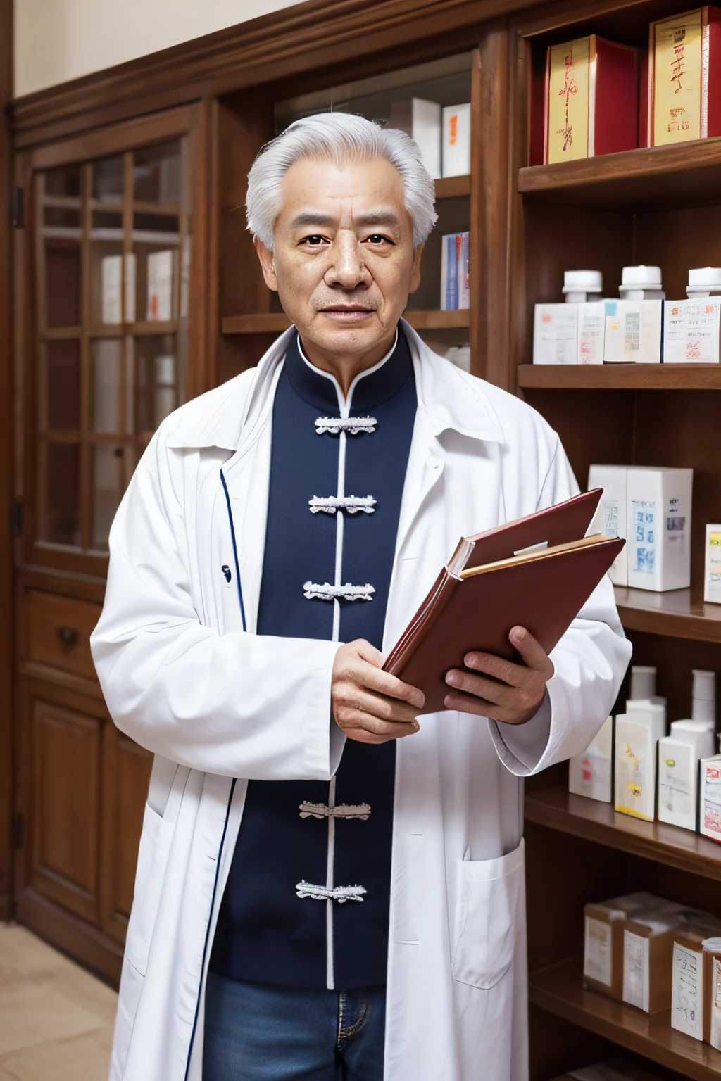 Chinese image，Real frontal photos，Authentic background，Pharmacy background，holding books，Manteau blanc，Face full of wrinkles，TCM image，Wise eyes，male people