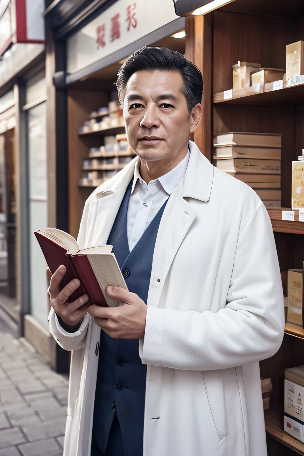 Chinese image，Real frontal photos，Authentic background，Pharmacy background，holding books，Manteau blanc，Face full of wrinkles，TCM image，Wise eyes，male people