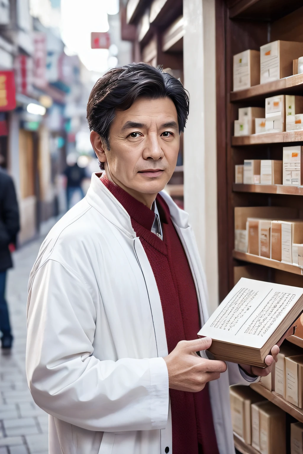 Chinese image，Real frontal photos，Authentic background，Pharmacy background，holding books，Manteau blanc，Face full of wrinkles，TCM image，Wise eyes，male people