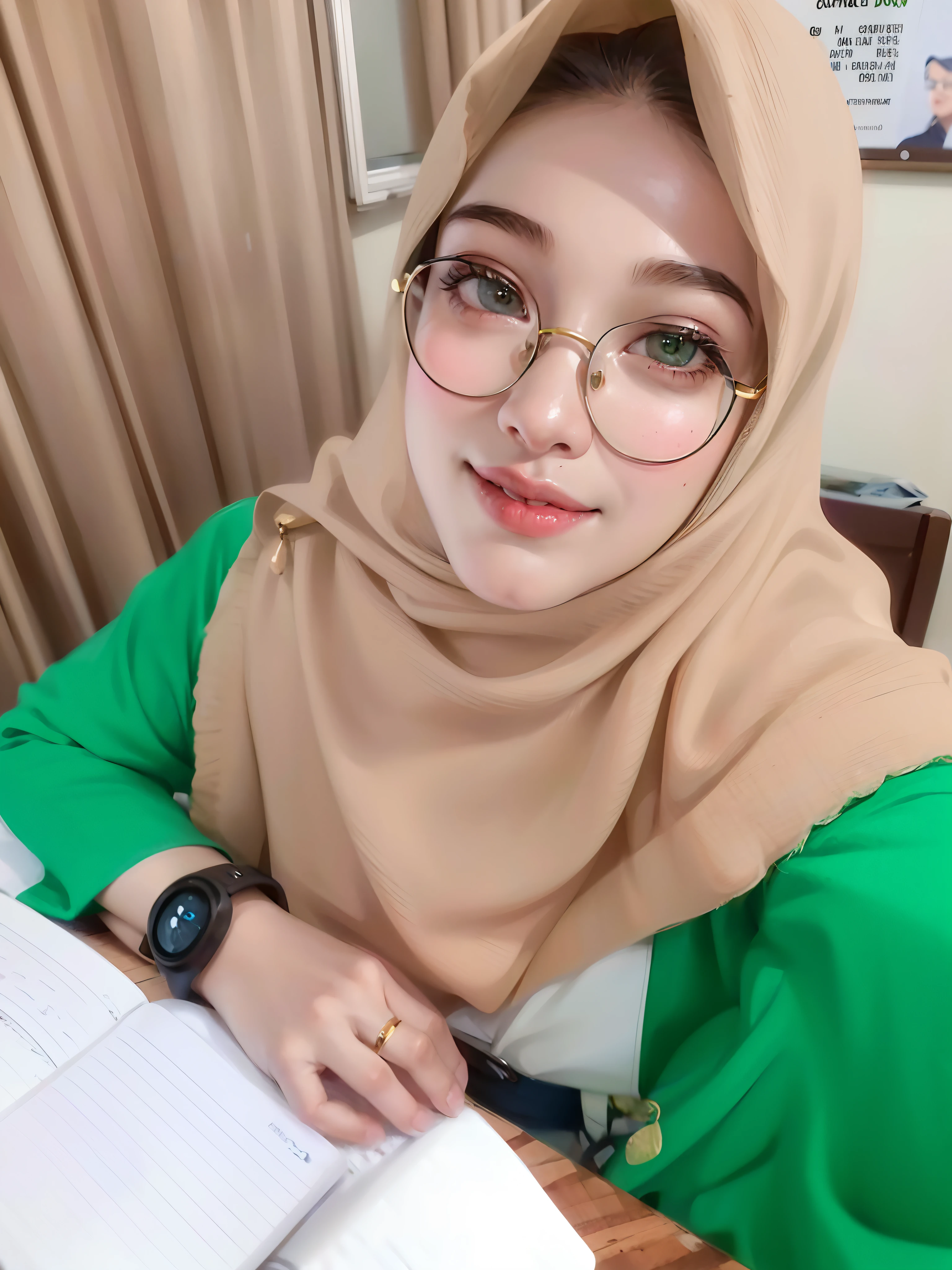 muslim woman in glasses and a green shirt sitting at a table, faridah malik, with accurate face, with glasses, student, potrait, close up potrait, protrait, in office, taken with sony alpha 9, inspired by JoWOnder, semi realism, 😃😀😄☺🙃😉😗, shot on nikon z9, with kind face