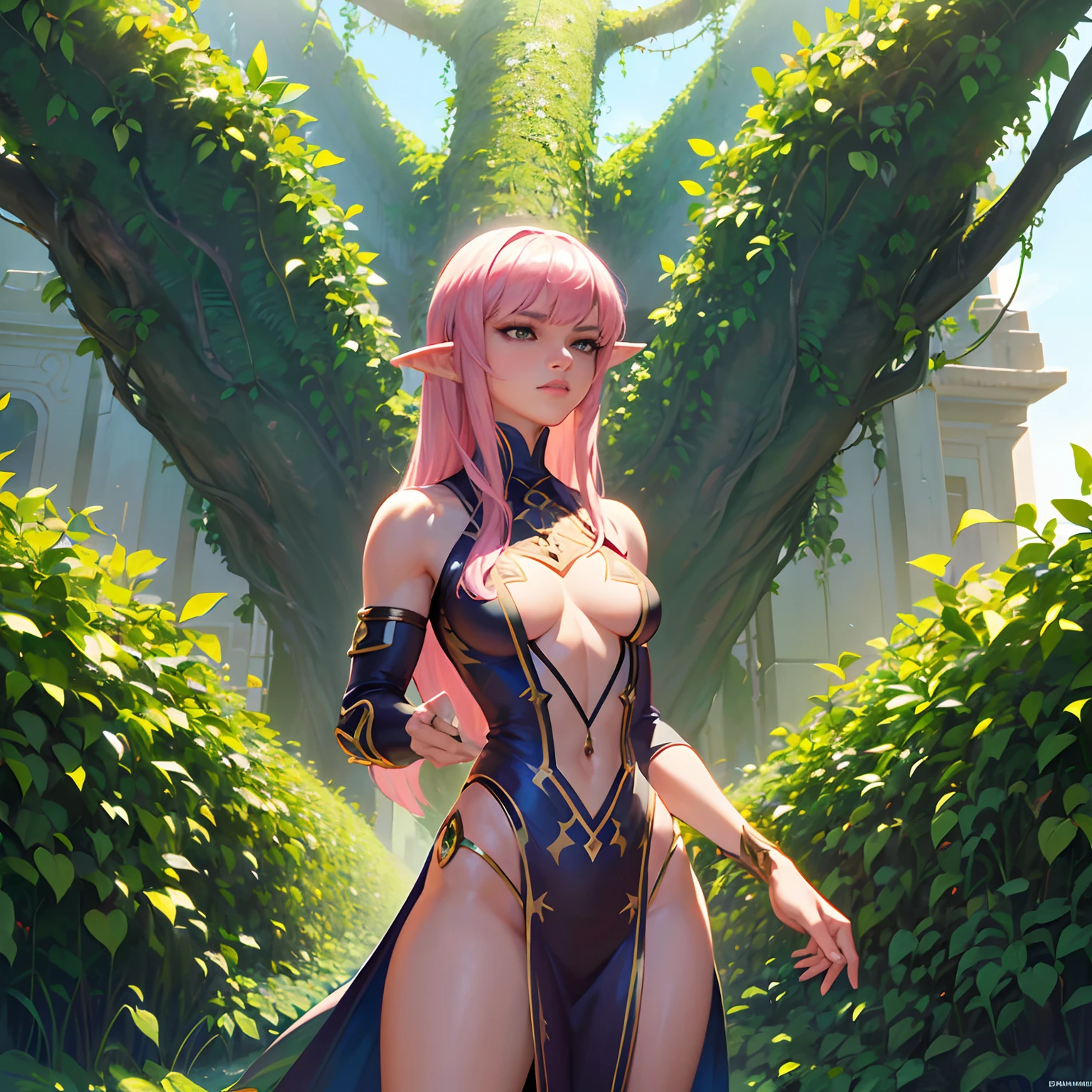 (zendaya:Evangeline Lilly) [woman:Plant:15], (masterpiece:1.4, best quality), (intricate details), unity 8k wallpaper, ultra detailed, beautiful and aesthetic, (surrealism:1.4), affinity for plants, can control their growth, shape, and even communicate with them, manipulate their thorns and vines, command them to perform specific tasks, long hair, pink hair, pointy ears