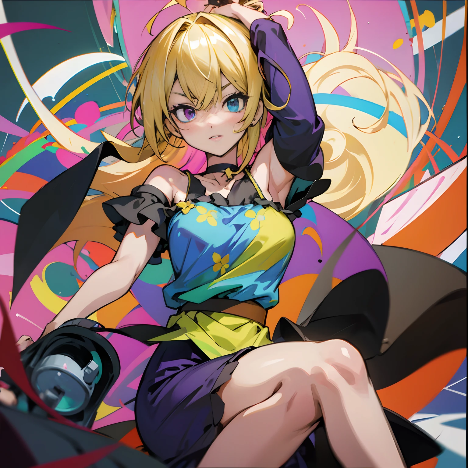 masutepiece, Best Quality, Ultra-detailed, Off-the-shoulder clothing, Colorful,Up-close, Hyper-detailing,Blonde hair, Chifuyu, Beautiful hair, Long hair, no sleeves, Camisole, Blue Camisole, Cheongsam, Nun dress, thighs thighs thighs thighs, Choker, Arm Cover, Dress, Big 1 Girl, Solo, Sharp face, Heterochromia, Green eyes, Purple eyes, Bare neck