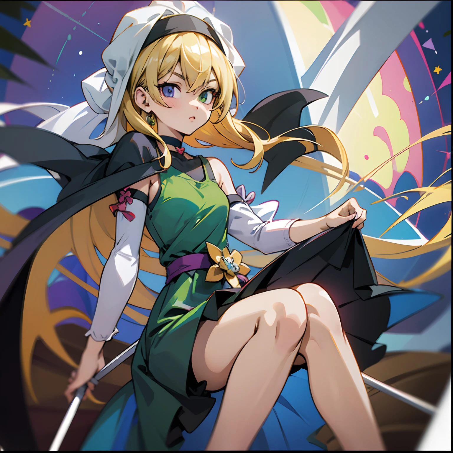 masutepiece, Best Quality, Ultra-detailed, Off-the-shoulder clothing, Colorful,Up-close, Hyper-detailing,Blonde hair, Chifuyu, Beautiful hair, Long hair, no sleeves, Camisole, Blue Camisole, Cheongsam, Nun dress, thighs thighs thighs thighs, Choker, Arm Cover, Dress, Big 1 Girl, Solo, Sharp face, Heterochromia, Green eyes, Purple eyes, Bare neck