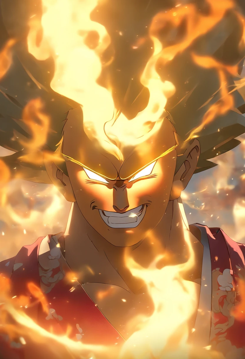 (((Japanese God))) best quality, ultra-high resolution, 4K detailed CG, master piece,KAGUTSUCHI, Man, Japanese clothes, wind, flames, smoke,Japanese mythology, Japan, ((next to camera)), Shui Mo Hua, Chinese painting style, Thangka style, aesthetics, Beautiful image, depth of field, centered image