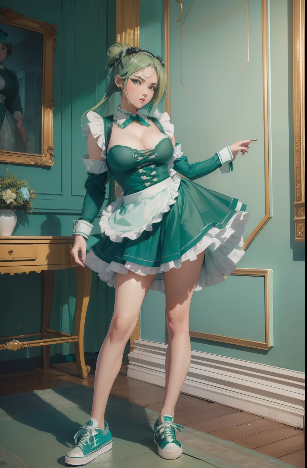 ((masterpiece, best quality, ultra-detailed, ultra-HD, photorealistic, cinematic)), (wide camera shot, full body view:1.2), (standing, sensual pose), (alluring and voluptuous female model), perfect anatomy, perfect face, large cleavage, proportioned hands, long round legs, (green hair is tied up in a topknot:1.3), (teal-colored maid uniform with green hair accessories:1.4), (wears trendy sneakers:1.5), dynamic background