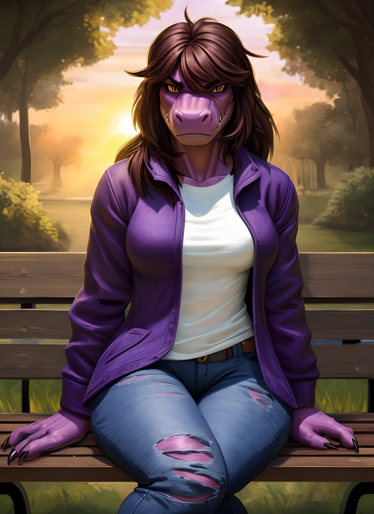 [susie], [Deltarune], [Uploaded to e621.net; (Pixelsketcher), (wamudraws), (woolrool)], ((masterpiece)), ((HD)), ((high quality)), ((solo portrait)), ((front view)), ((scalie; anthro)), ((detailed fur)), ((detailed shading)), ((beautiful render art)), ((intricate details)), {anthro dinosaur; (athletic figure), purple scales, (reptile snout), cute yellow eyes, (black pupils), (bags under eyes), (short eyelashes), (long messy brown hair), long lizard tail, (medium boobs), (gorgeous hips), (muscular legs), (angry), (frown)}, {(purple jacket), (torn white tee shirt), (ripped black skinny jeans), (black boots)}, {(sitting on bench), (legs crossed), (looking at viewer)}, [background; (park), (grass), (sunset), (sun rays), (ambient lighting)]