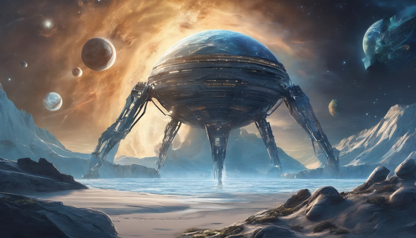 huge planet, the night, starrysky, surrealism, masutepiece, hight resolution、Impressive Milky Way:1.9、sand beach、Vast blue ocean、Blue glacier、lightning bolt:1.9、Protoplanets、Search robot standing behind、