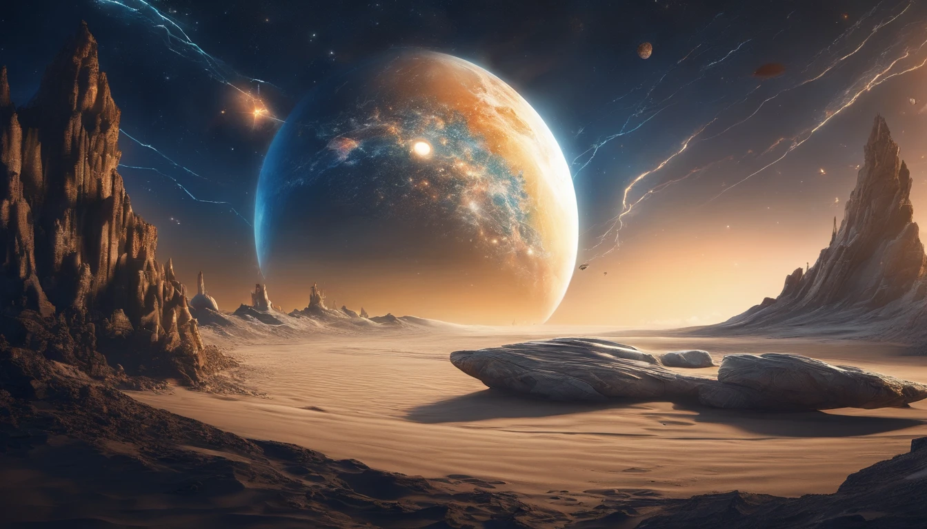 huge planet, the night, starrysky, surrealism, masutepiece, hight resolution、Impressive Milky Way:1.9、sand beach、Vast blue ocean、Blue glacier、lightning bolt:1.9、Protoplanets、Search robot standing behind、