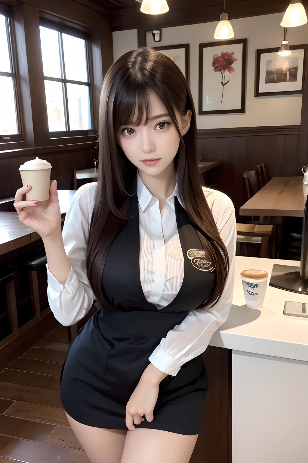 top-quality, ​masterpiece, 8K, 超A high resolution, (Photorealsitic:1.4), 1girl in、Beautiful expression、symmetrical eye、Colossal tits、Perfect body proportion、Cute costume of waitress in coffee shop、Unbutton the chest、Look at viewers、(Inside the coffee shop:1.2)、long legged(1.3)、(Detailed depiction of the fingers of the hand:1.3)