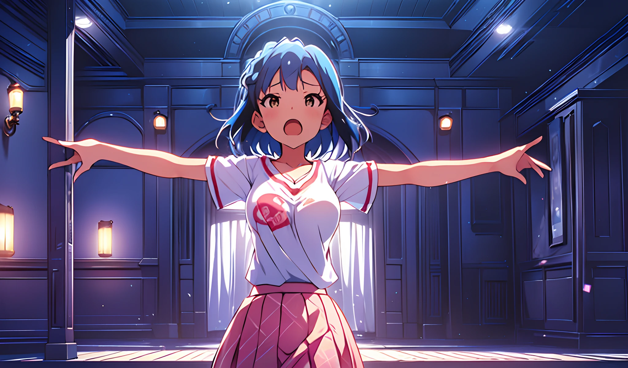 yuriko nanao (million live). Short stature. (((white t-shirts))).(((Skirt))).(((masterpiece))).(((best quality))).((Ultra-detailed))).(((illustratio))). (((Spread your arms)))..(((up chest))).Despair face.(((short-hair))).((big breasts)).((Opening Mouth)).night view