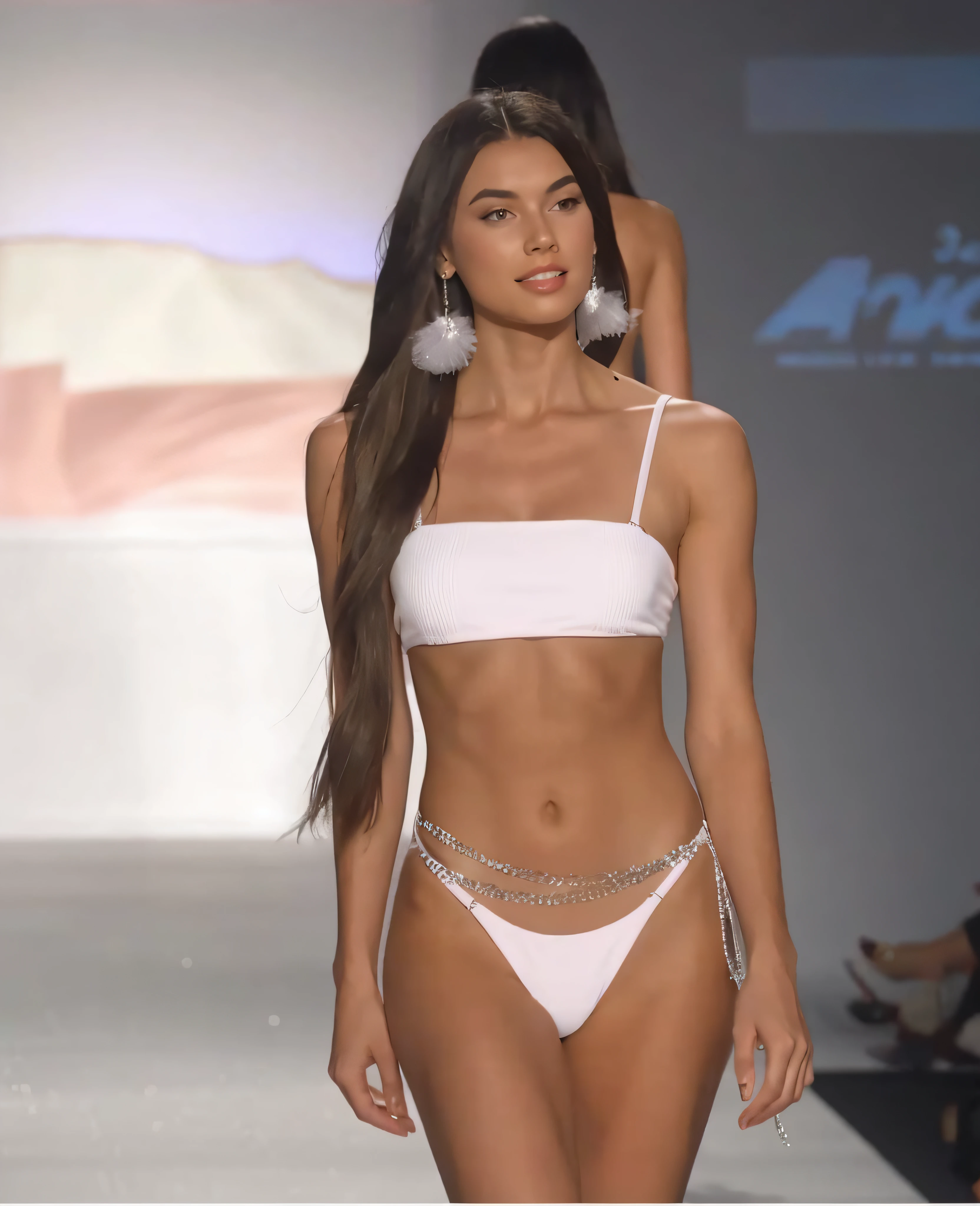 arafed woman in a bikini walking down a runway, bikini model, boutinela bikini, gorgeous bikini model, dressed in belts bikini, swimsuit model, elegant bikini, white silver bikini, pale pink bikini, white bikini, light pink bikini, 2 4 year old female model, sling bikini, glamorous runway model, brazilan supermodel, bikini, beautiful model